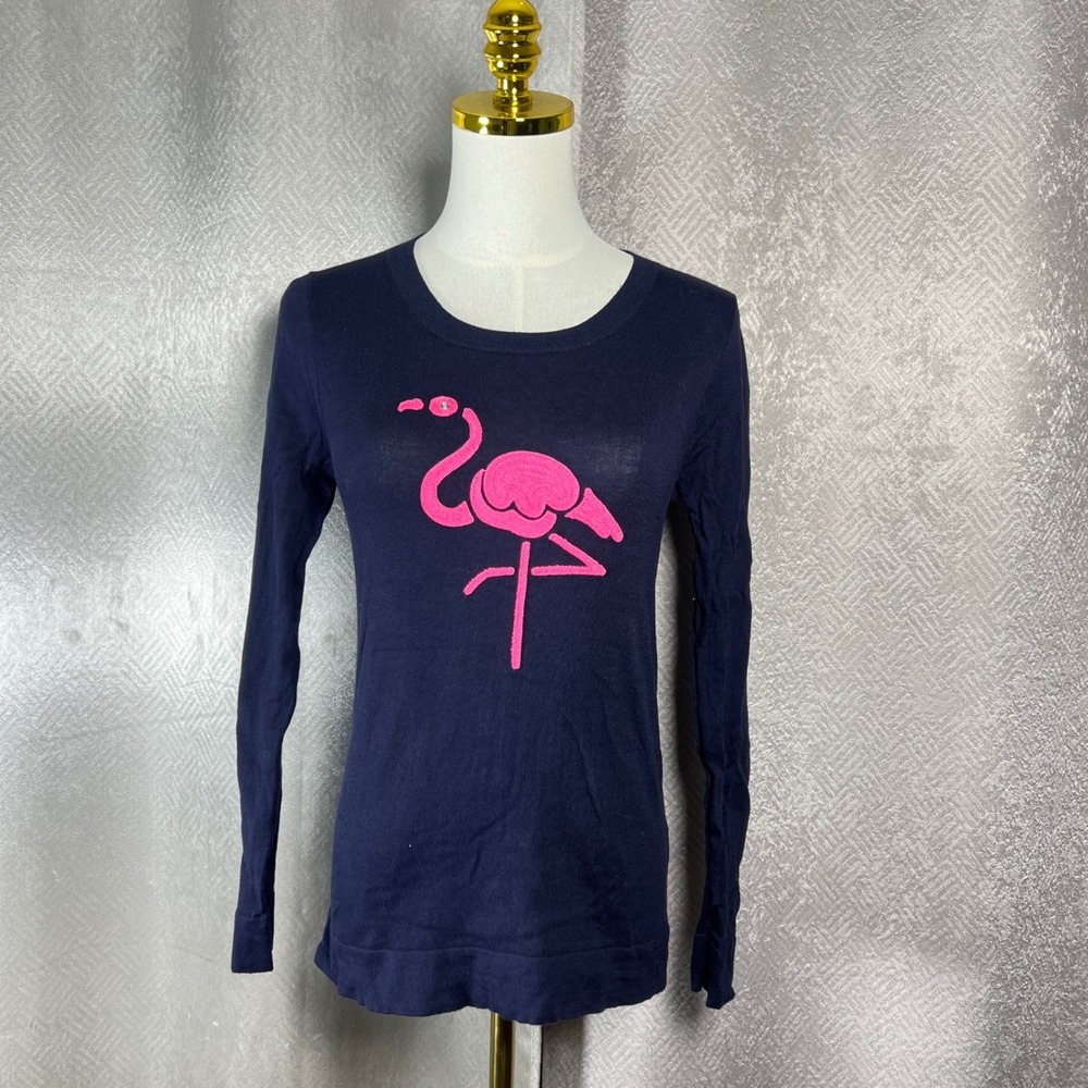 J. Crew Navy Blue Long Sleeve Pink Flamingo Graphic Knit Sweater Top XS - Picture 4 of 11